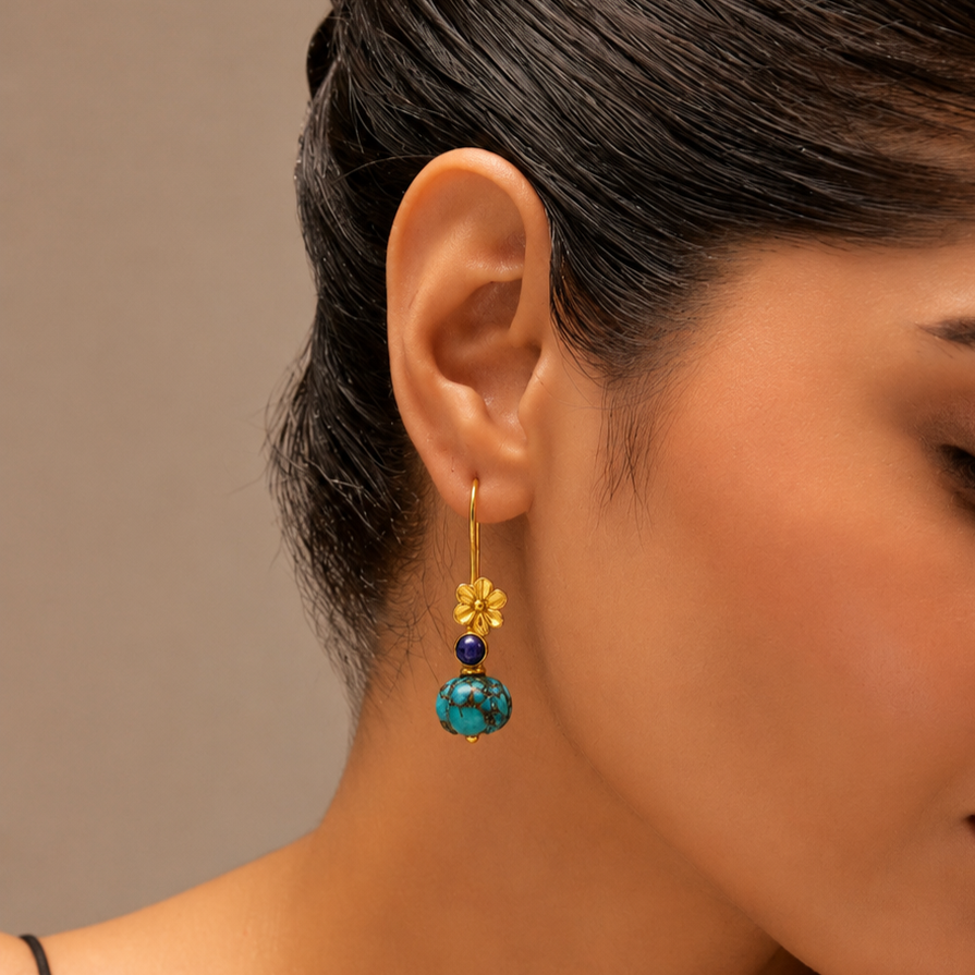 Turquoise Pebble Floral Earrings in 92.5 Sterling Silver