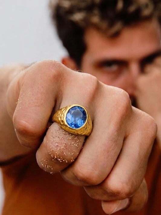 Gold Plated Blue Stone Dome 92.5 Sterling Silver Men's Ring