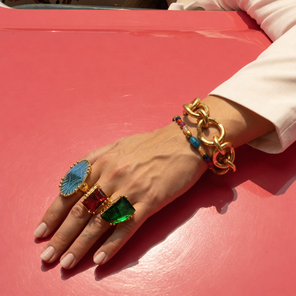 Carved Blue Glass Statement Ring