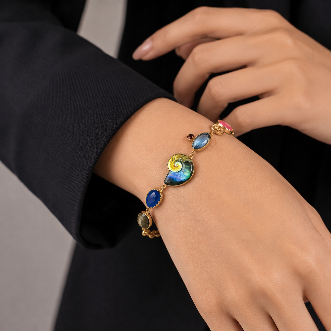 Nautilus & Multi Gem Charm Bracelet