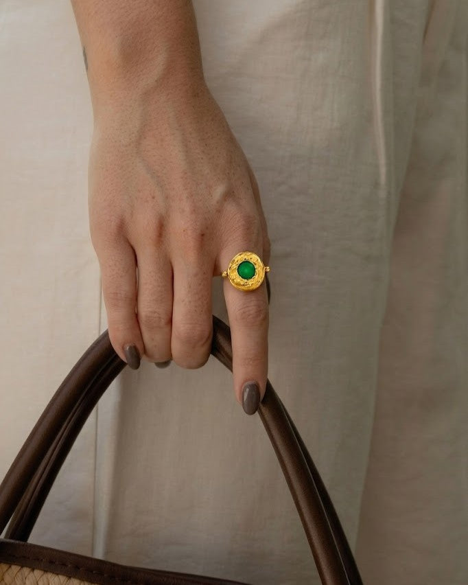 Green Onyx Medallion 92.5 Sterling Silver Adjustable Ring