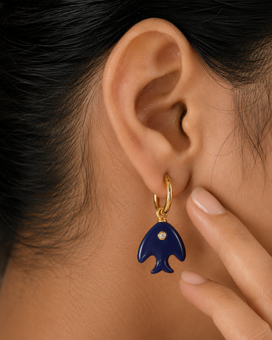 Deep Blue Fish Echo Huggies Earrings In 925 Sterling Silver