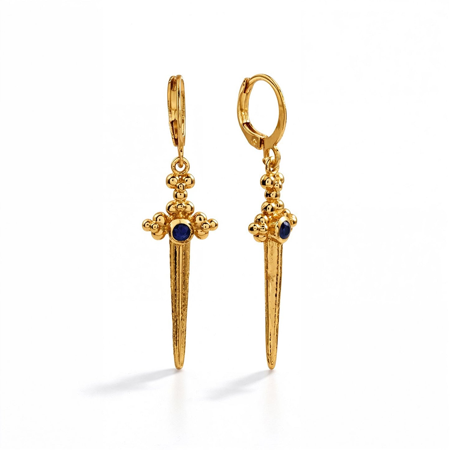 Dagger Drop Earrings with Blue Stone in 92.5 Sterling Silver