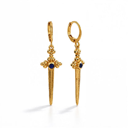 Dagger Drop Earrings with Blue Stone in 92.5 Sterling Silver