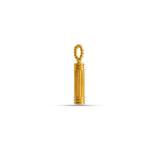 Gold cylindrical pendant on a white background