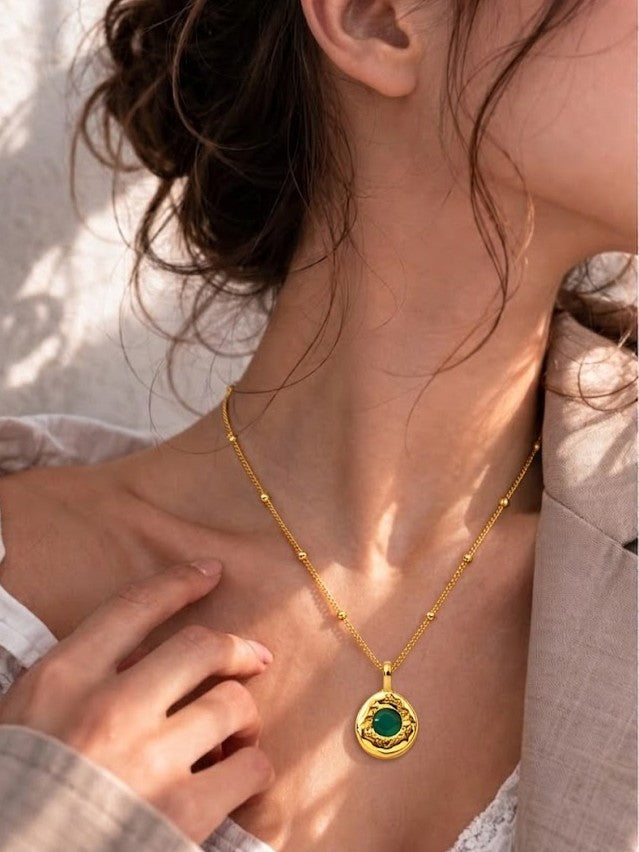 Green Onyx Medallion 92.5 Sterling Silver Charm Necklace