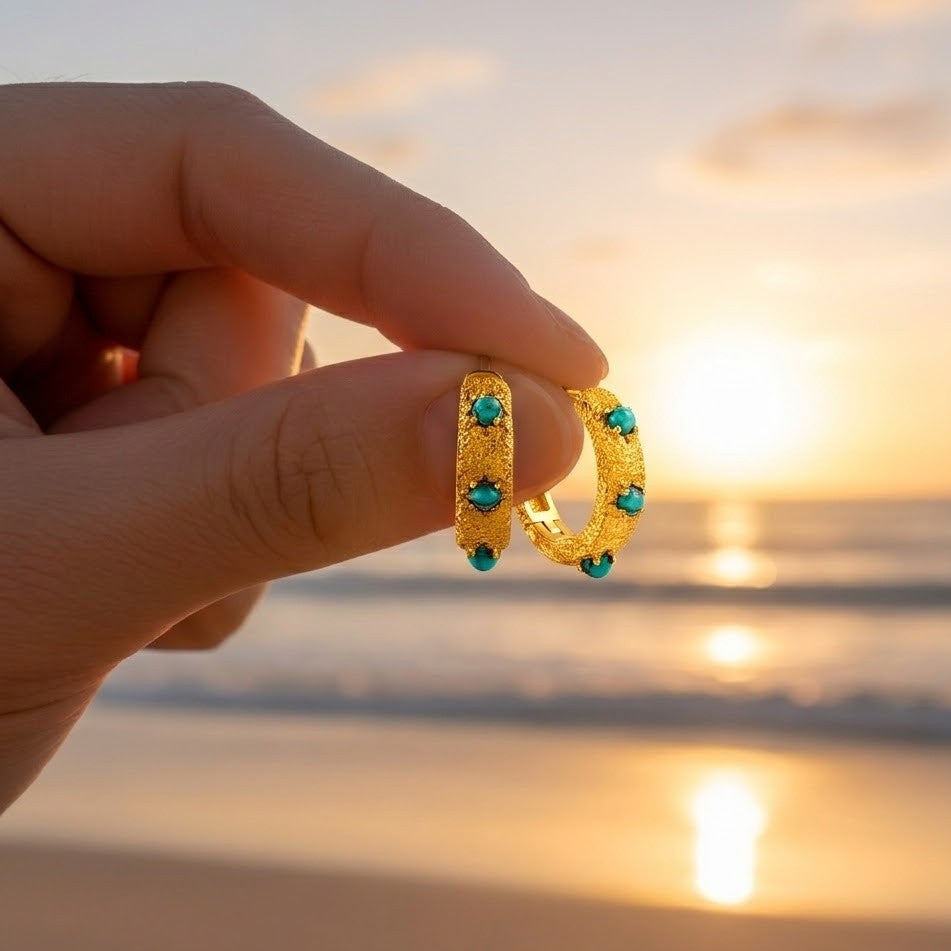 Turquoise Studded Textured  92.5 Sterling Silver Huggie Earrings