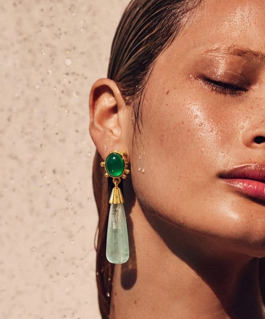 Green Onyx and Fluorite Long Drop Gold Earrings