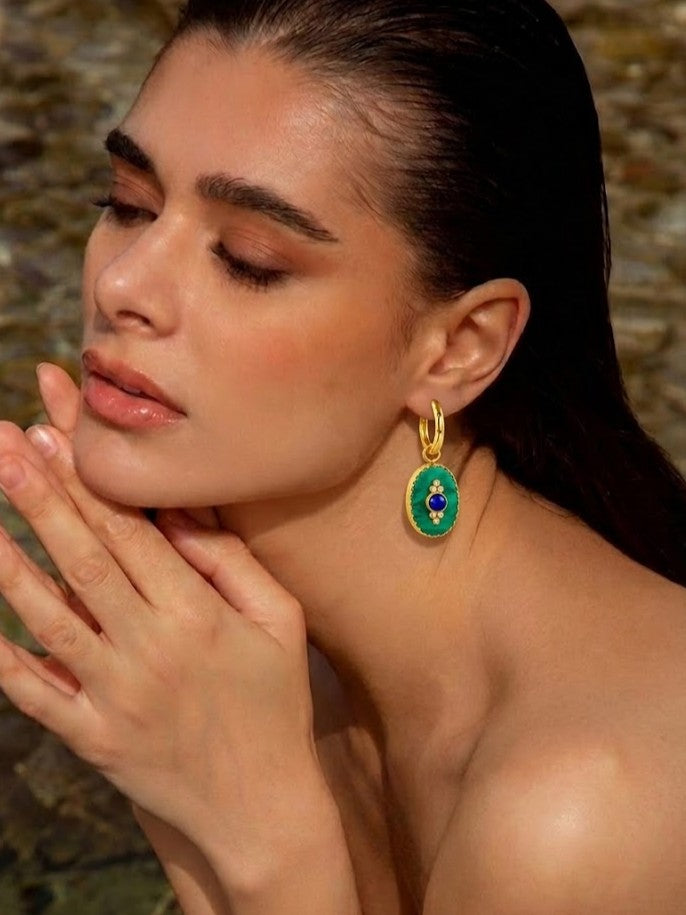Natural Turquoise and Lapis Evil Eye Huggie Earrings