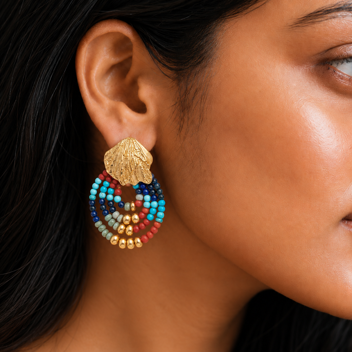 Sea Shell Mosaic Multicolour Beaded Hoops