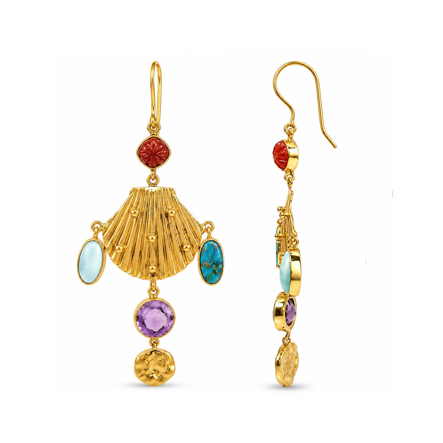 Coral, Turquoise & Amethyst Shell Earrings