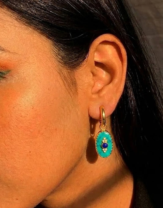 Natural Turquoise and Lapis Evil Eye Huggie Earrings