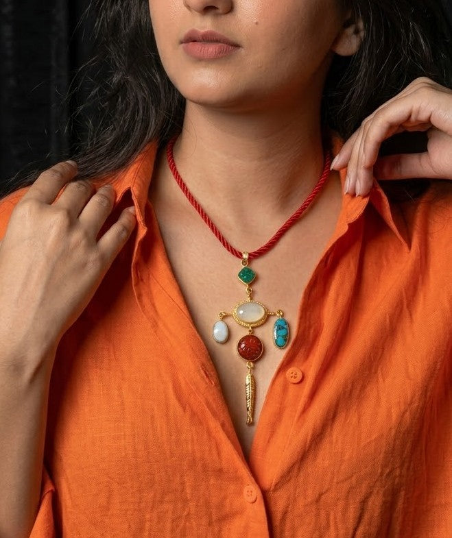 Bohemian Turquoise & Coral Pendant Necklace