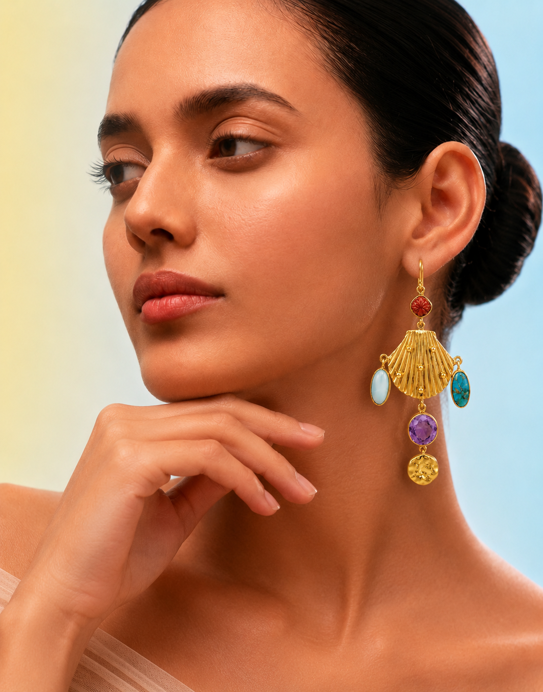 Coral, Turquoise & Amethyst Shell Earrings