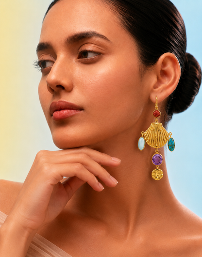 Coral, Turquoise & Amethyst Shell Earrings