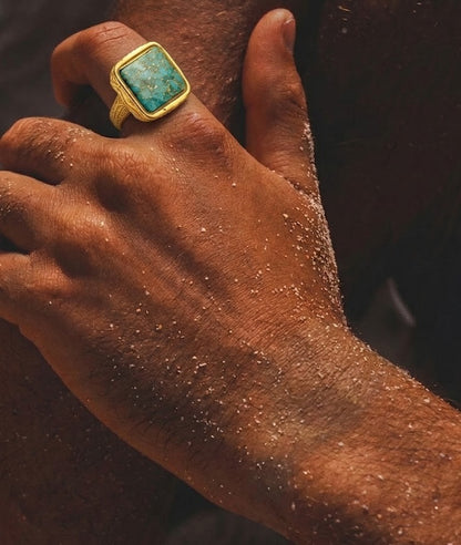 Gold Plated Turquoise Mosaic Statement Men's Ring