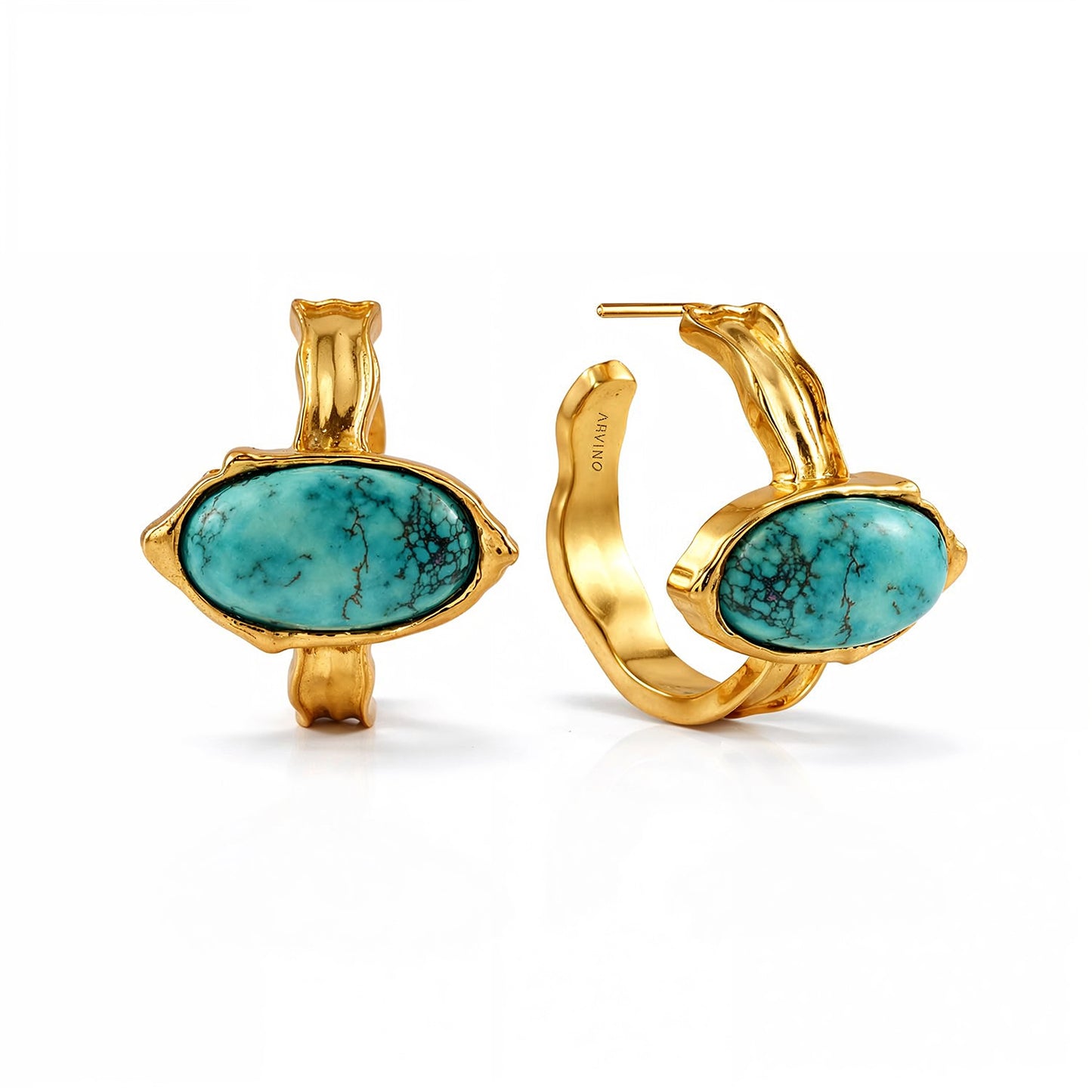 Gold hoop earrings with turquoise stones on a white background