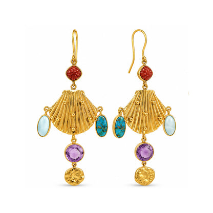 Coral, Turquoise & Amethyst Shell Earrings