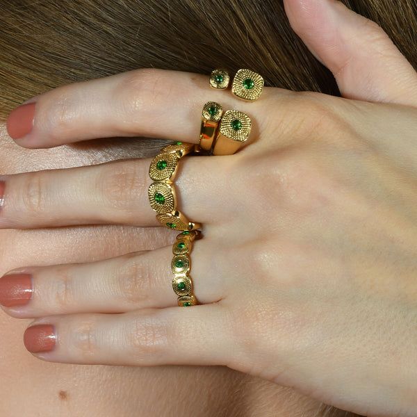 Green Gems Honeycomb Shaped Chunky Band Ring (Water Resistance Premium Plating)