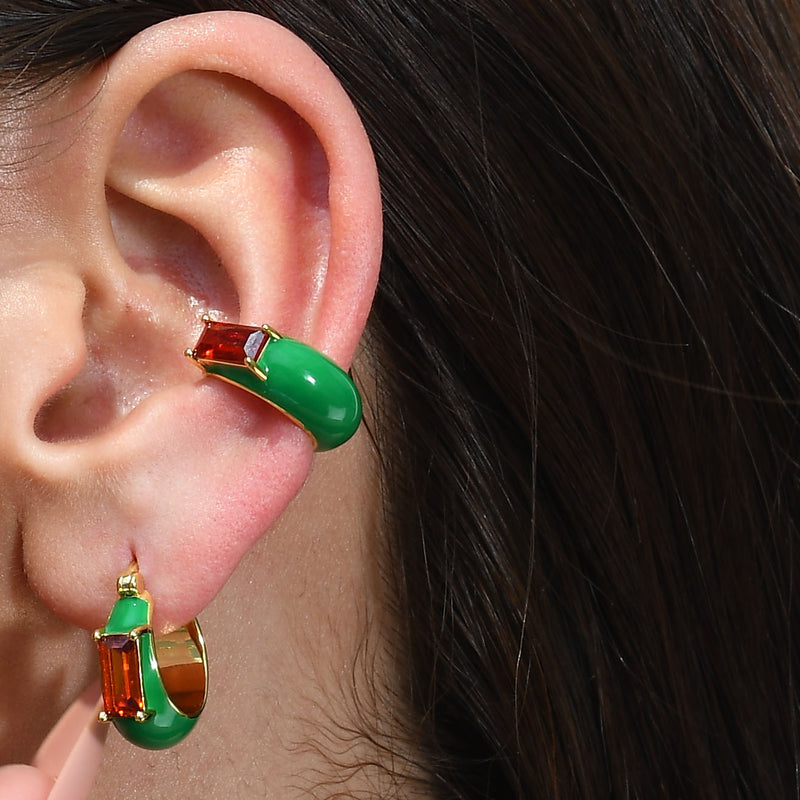 Green Enamel Garnet Huggies Earrings (Water Resistance Premium Plating)