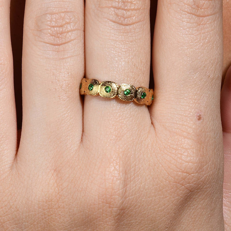 Green Gems Honeycomb Shaped Band Ring (Water Resistance Premium Plating)