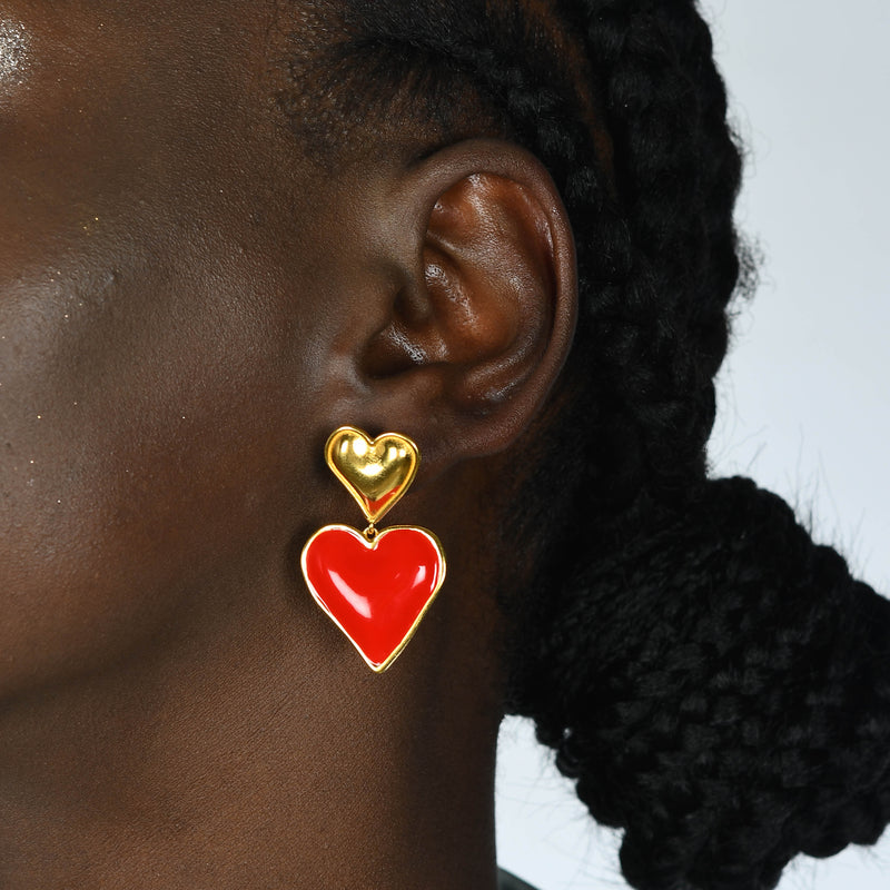 Red Enamel Heart Earrings (Water Resistance Premium Plating)