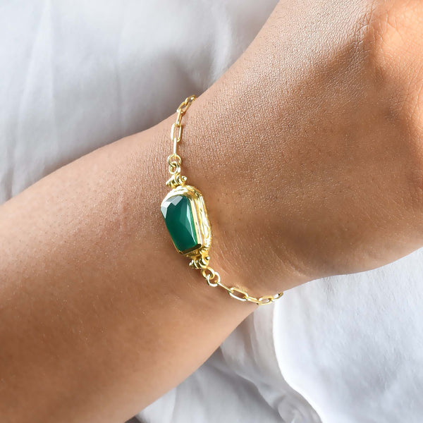 Green Onyx Paperclip Chain Bracelet (Water Resistance Premium Plating)