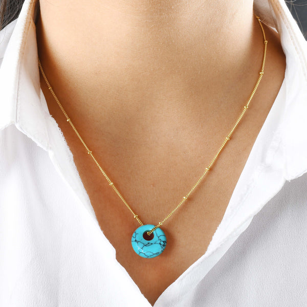 Turquoise Disc Charm Necklace (Water Resistance Premium Plating)