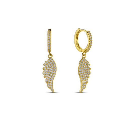 A pair of Gold Plated hoop earrings with wing-shaped charms adorned with tiny crystals, presented against a white background.