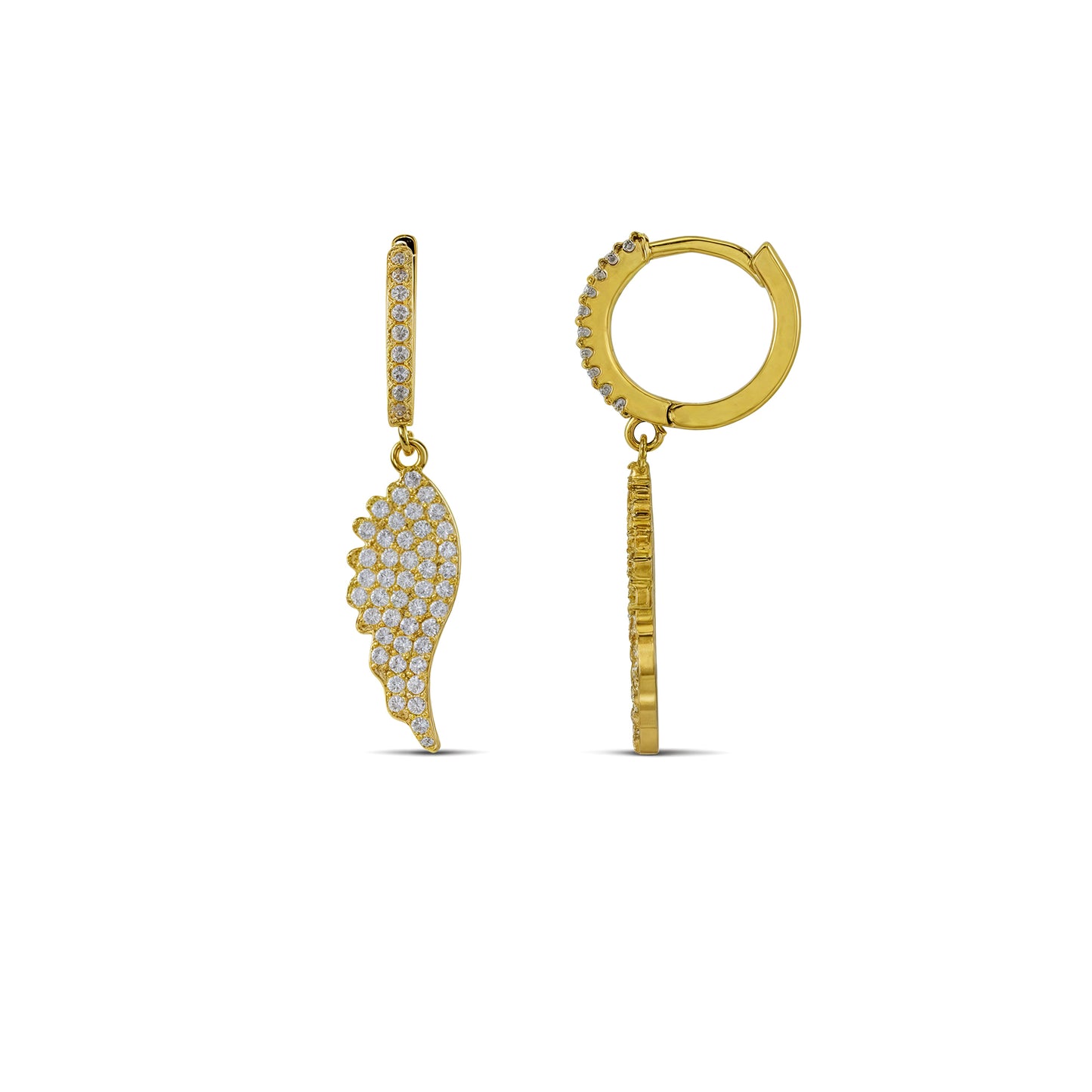 Gold Plated Hoop Earrings By Arvino With Dangling Angel wing on a white background