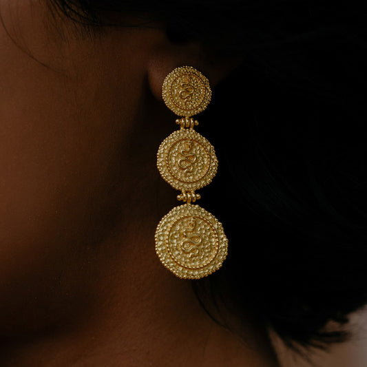 Serpent Embossed Triple Coin Earrings