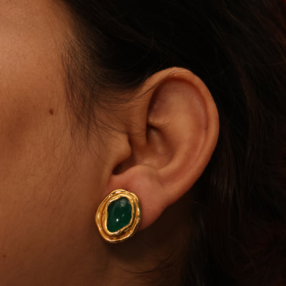Close up shot of Arvino's Green Onyx ocean Stud Earrings with 22KT Real Gold Plating From its Demi Fine Jewellery Collection