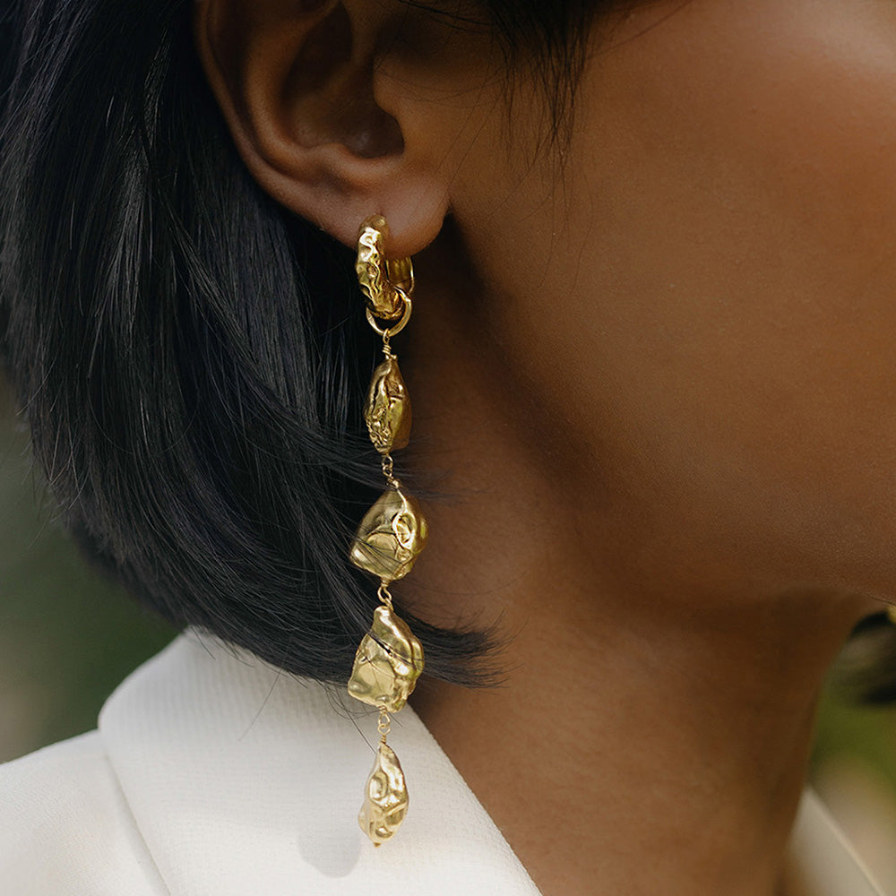 Close Up model shot of Asymmetrical Nugget Dangler Earrings By Arvino