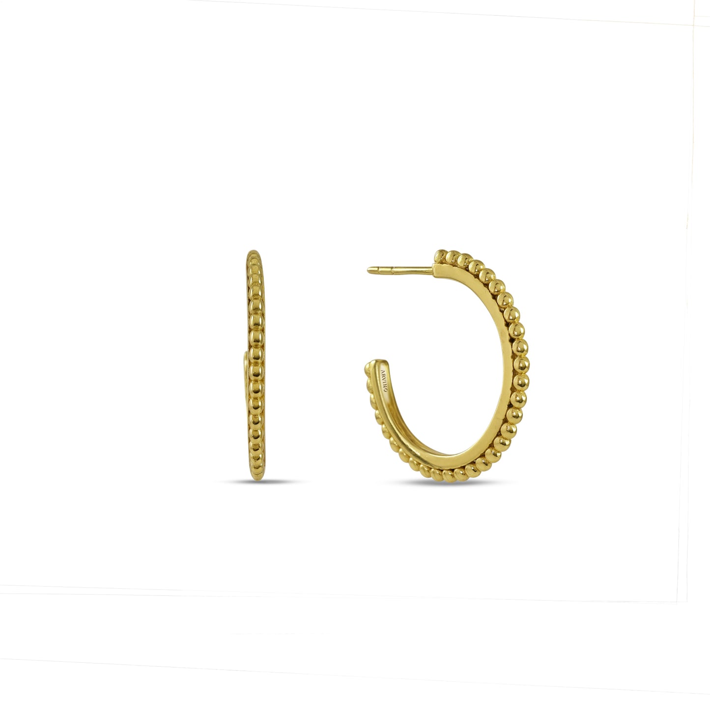 A pair of gold-Plated hoop earrings with a dotted border detail.