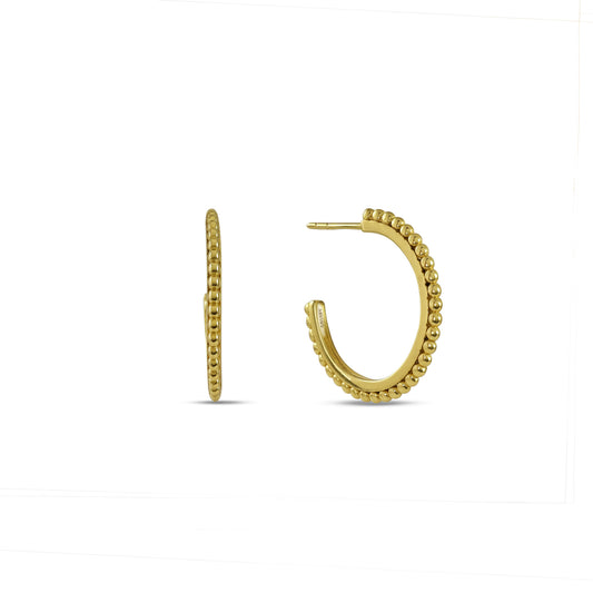 A pair of gold-Plated hoop earrings with a dotted border detail.