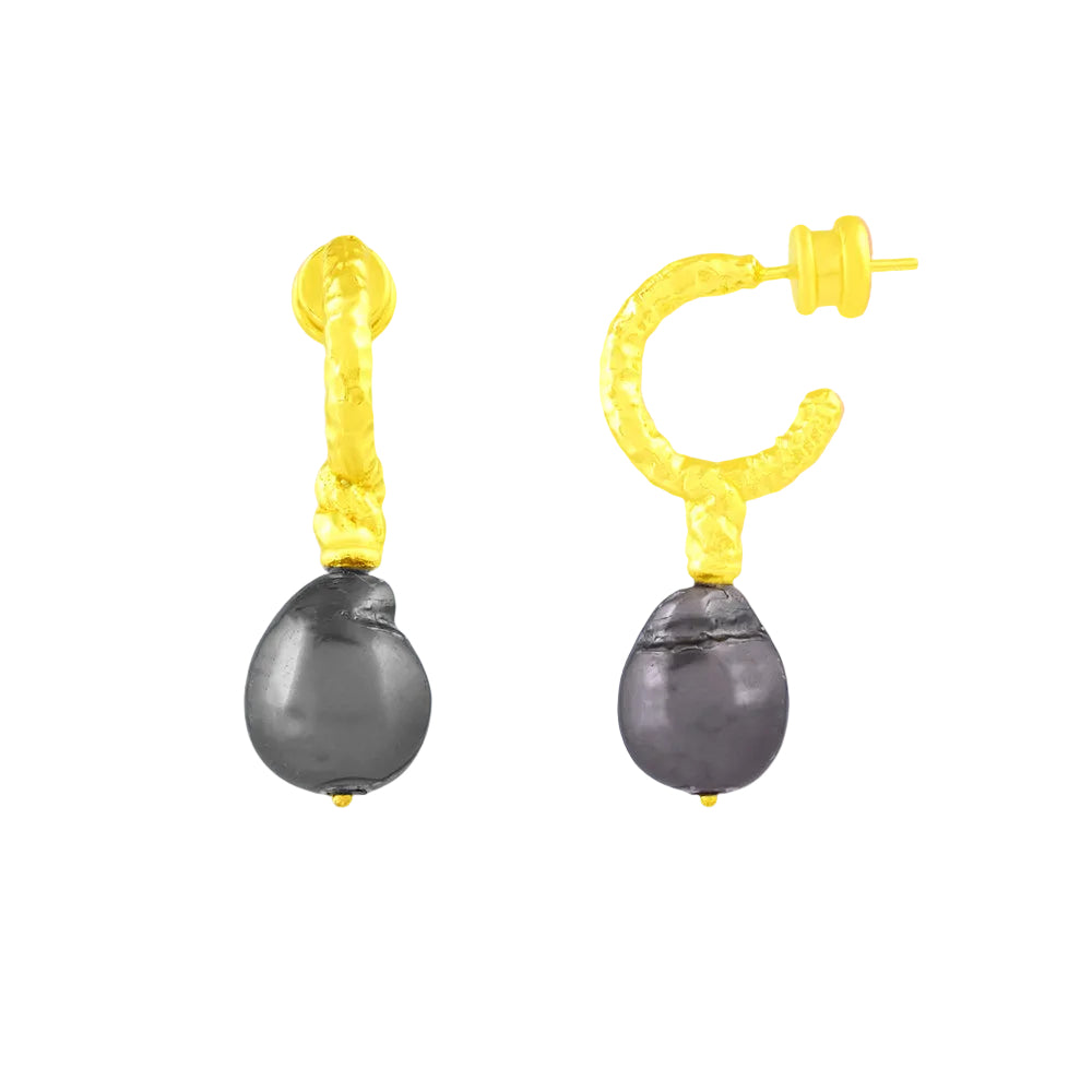 Pair of earrings with Gold plated hooks and Black Pearl on a white background
