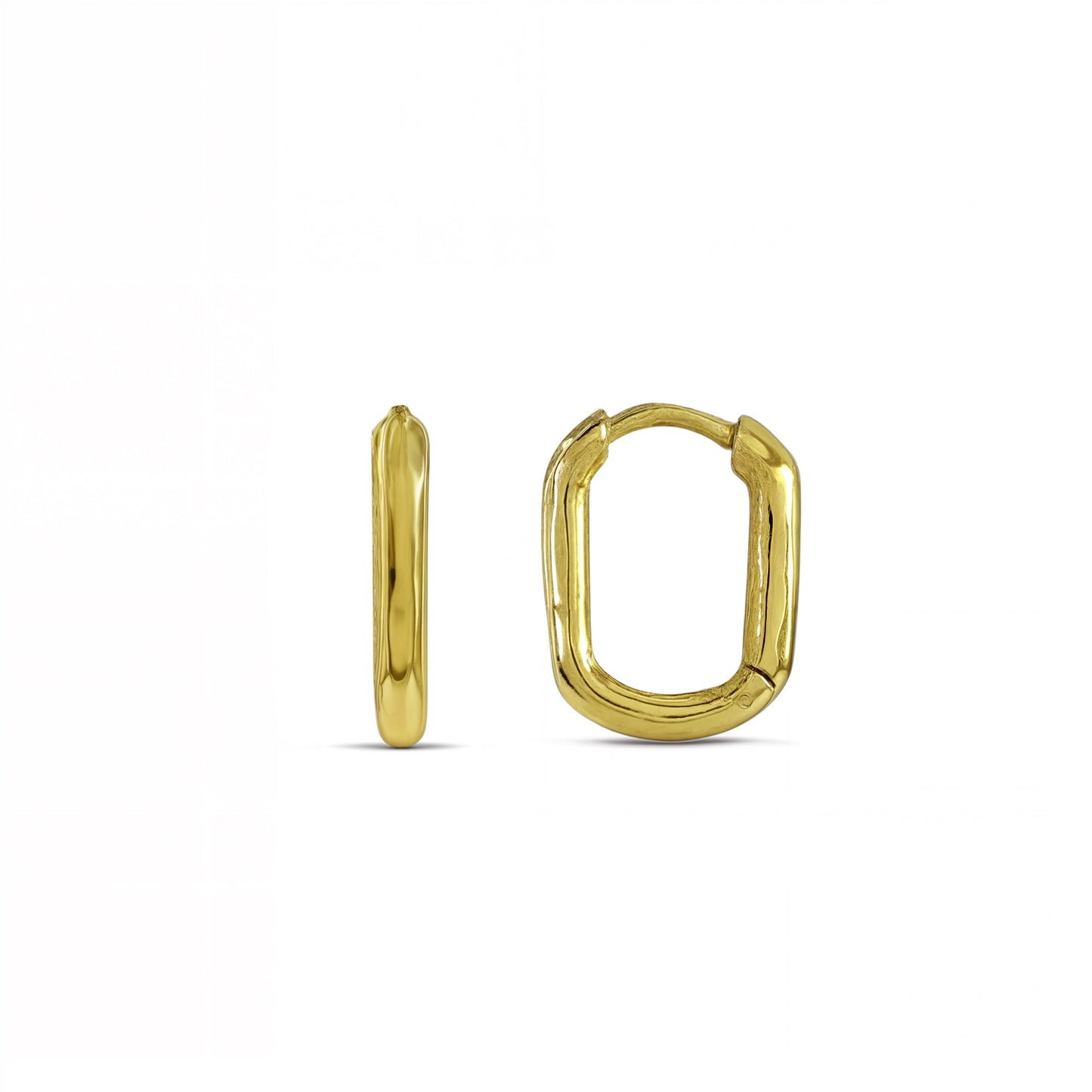 A pair of gold-Plated, oval-shaped hoop earrings on a white background