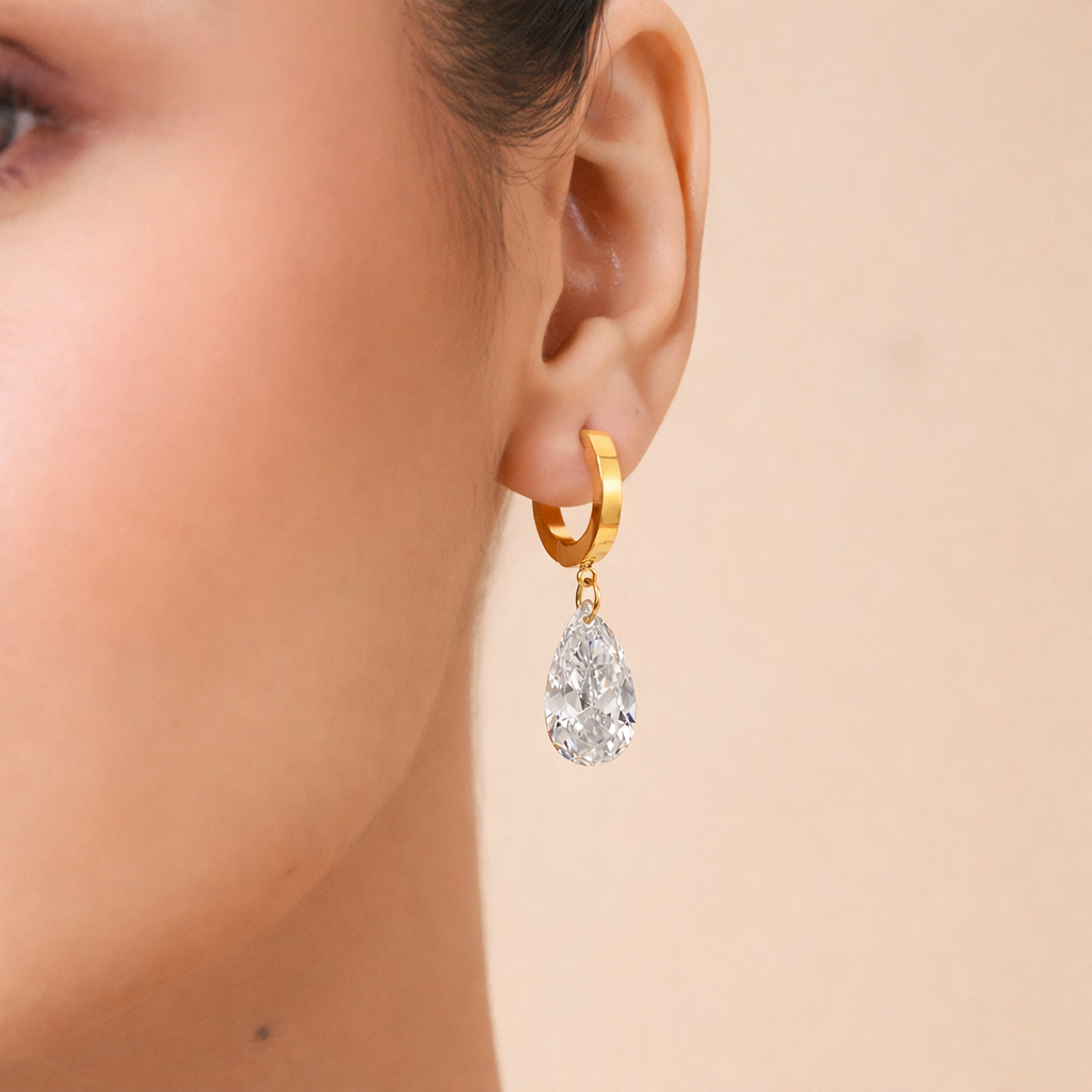 Pear Cut Crystal Drop Huggies Earrings in 92.5 Sterling Silver