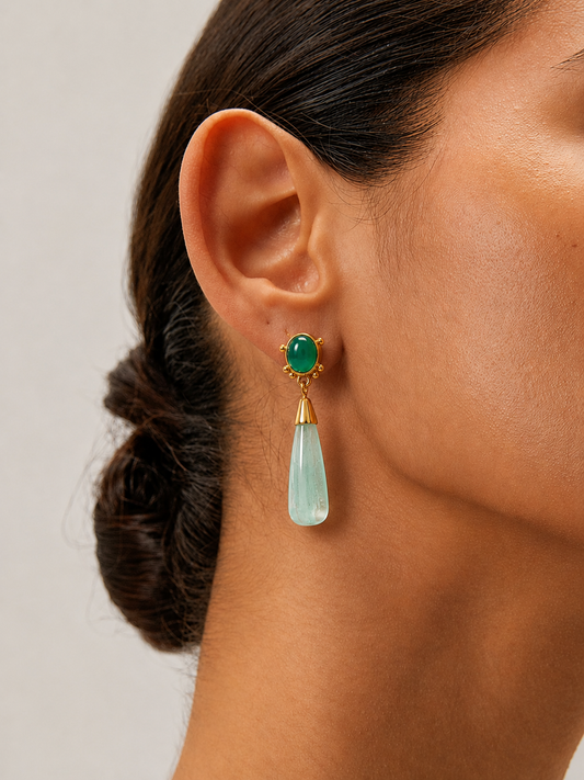 Green Onyx and Fluorite Long Drop Gold Earrings