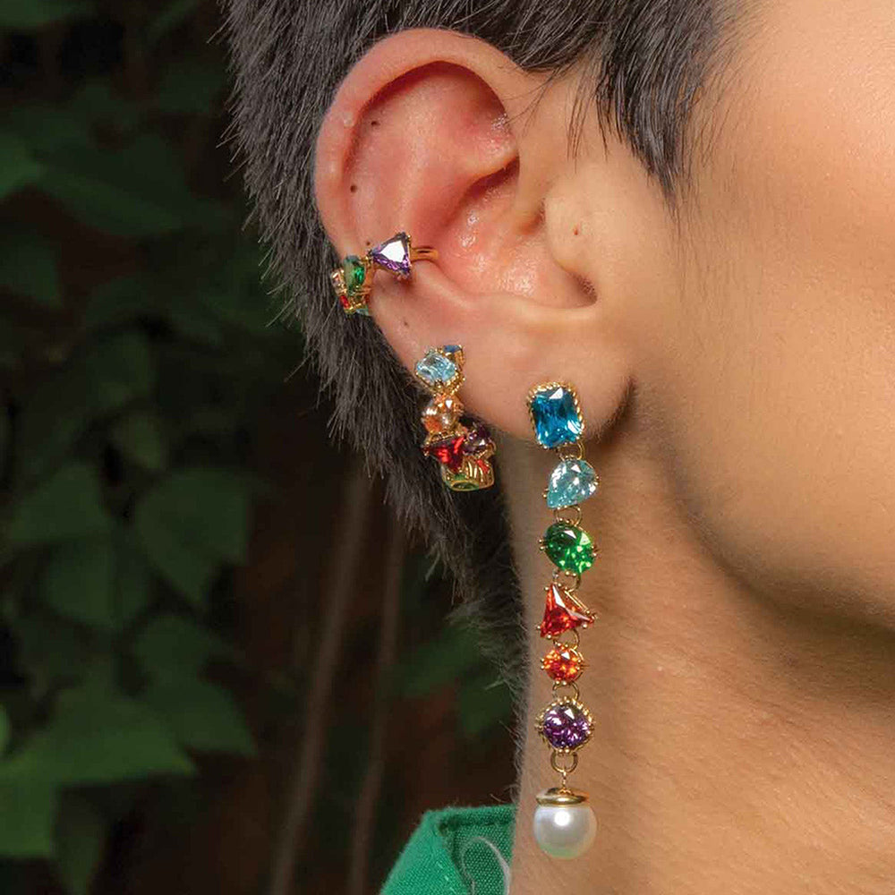Close shot in which model is stacking Chromatic Cascade Ear Cuff  by Arvino with Same look of huggies earrings and dangles