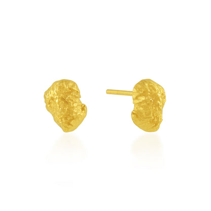 Pair of gold textured stud earrings on a white background By Arvino