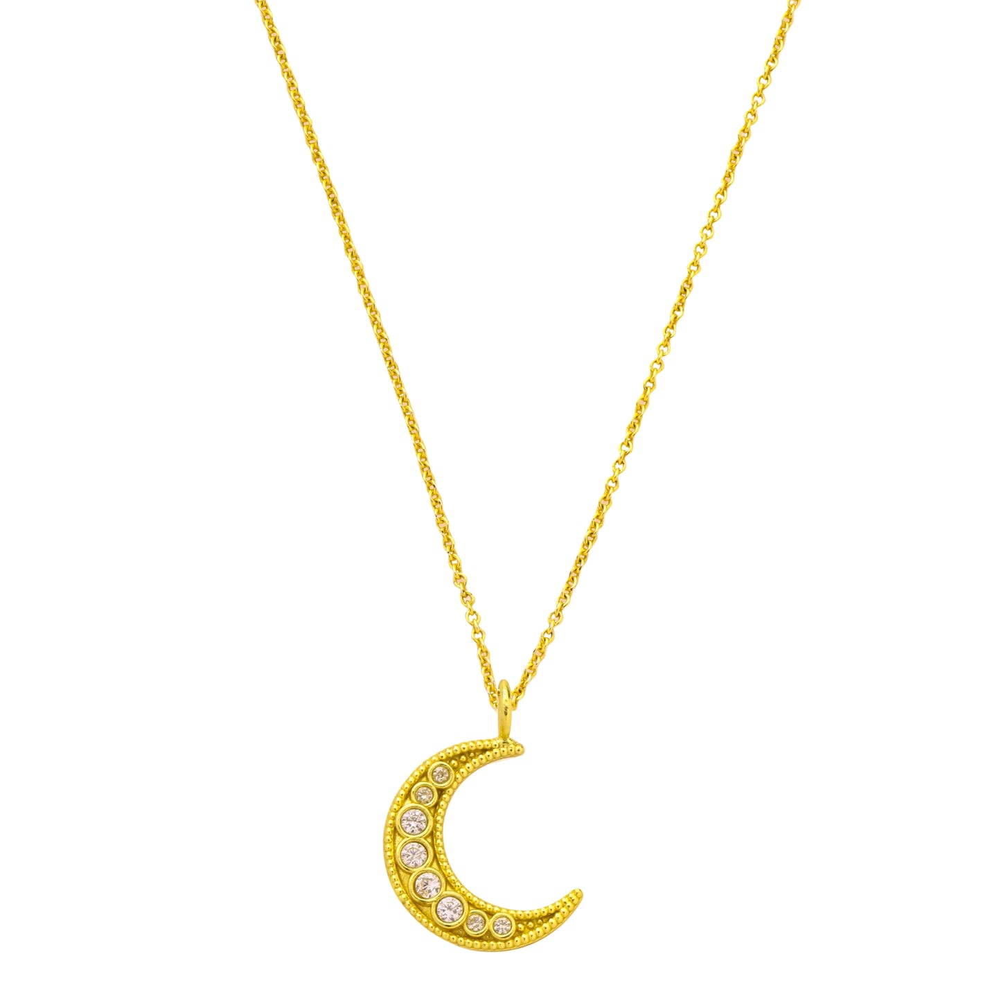 Gold plated crescent moon necklace with small diamonds on a white background
