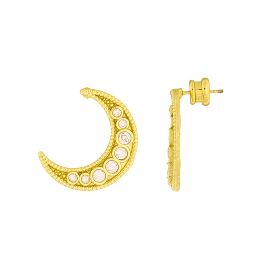 Gold crescent moon earrings on a white background
