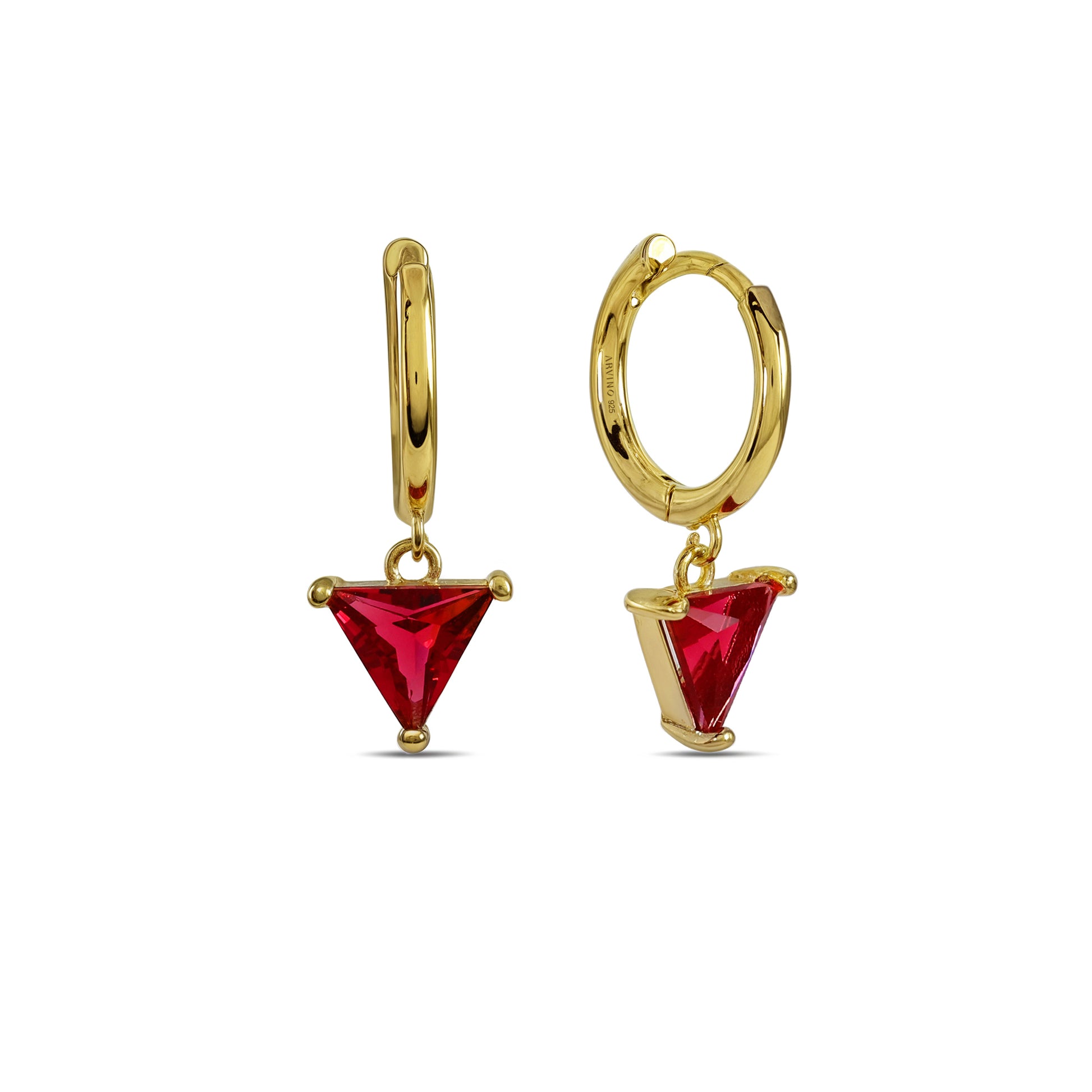 A pair of gold-plated sterling silver hoop earrings with crimson red triangular crystal drops.