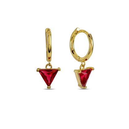 A pair of gold-plated sterling silver hoop earrings with crimson red triangular crystal drops.