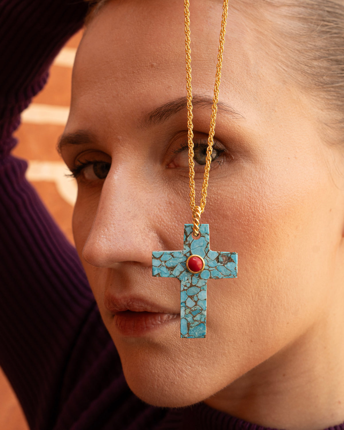 Faith Cross Turquoise and Coral Necklace