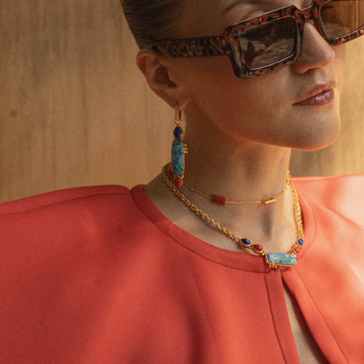 Coral Turquoise Beaded Chain Necklace