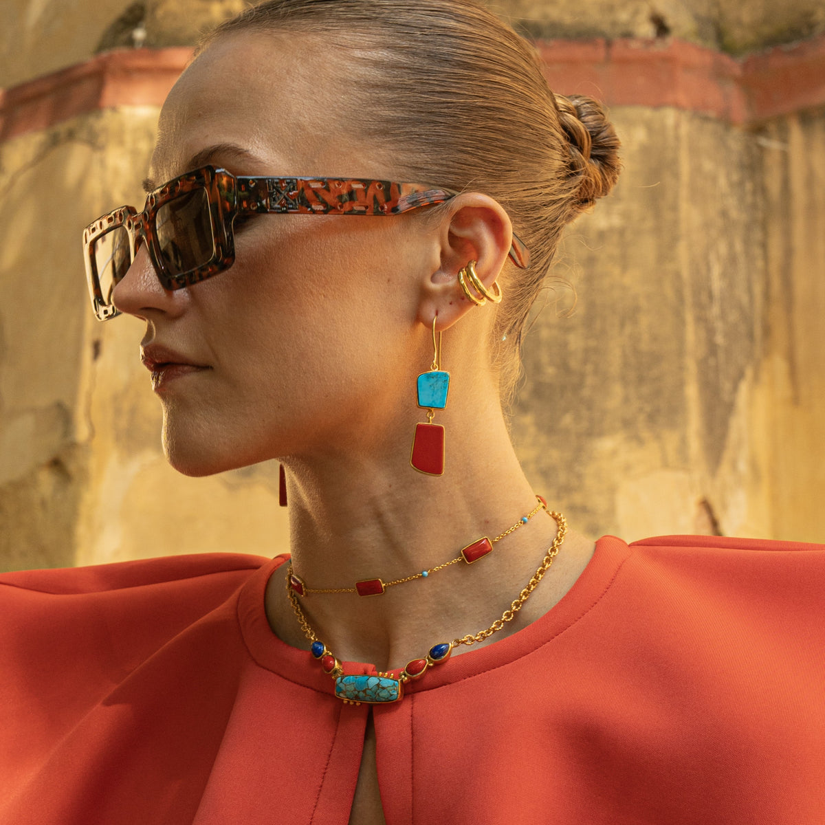 Coral Turquoise Beaded Chain Necklace