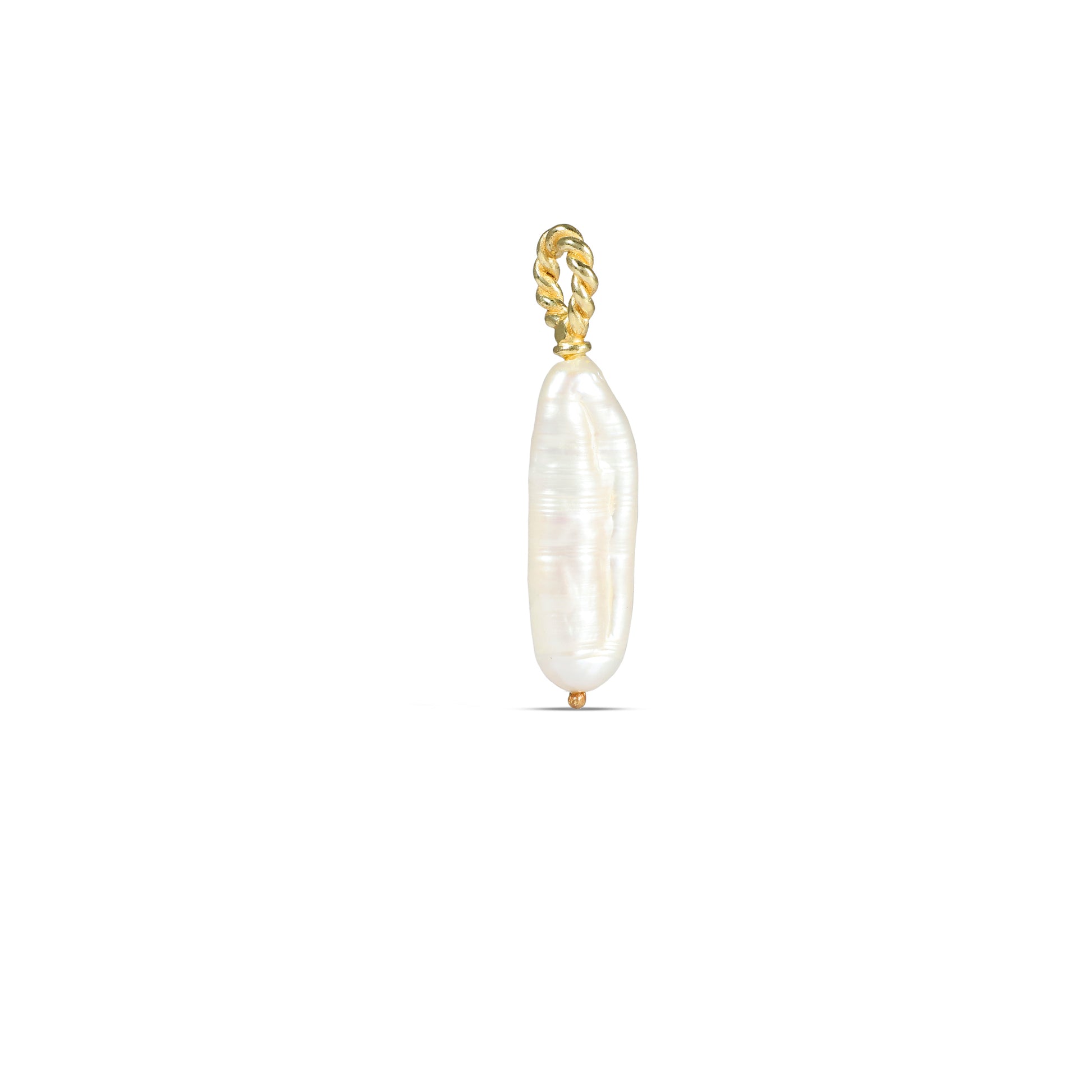 A sterling silver charm featuring a baroque-style pearl pendant with a gold-Plated loop attachment.
