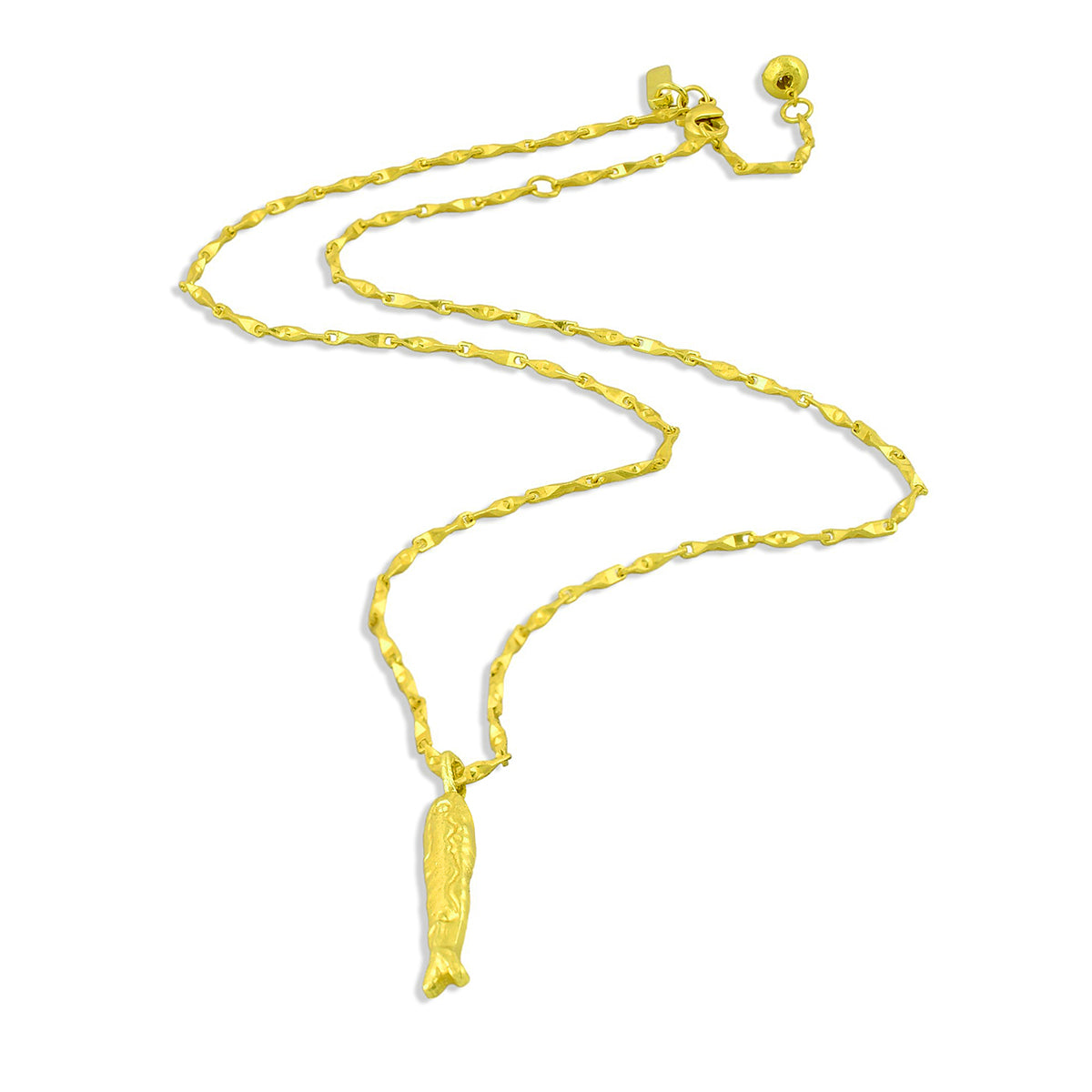 Gold plated Fish Charm Necklace in 925 sterling silver by Arvino on a white background